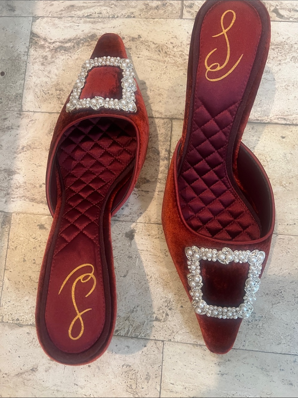 Sam Edelman Red Velvet Rhinestone Kitten Heel Mules - Picture 3 of 8